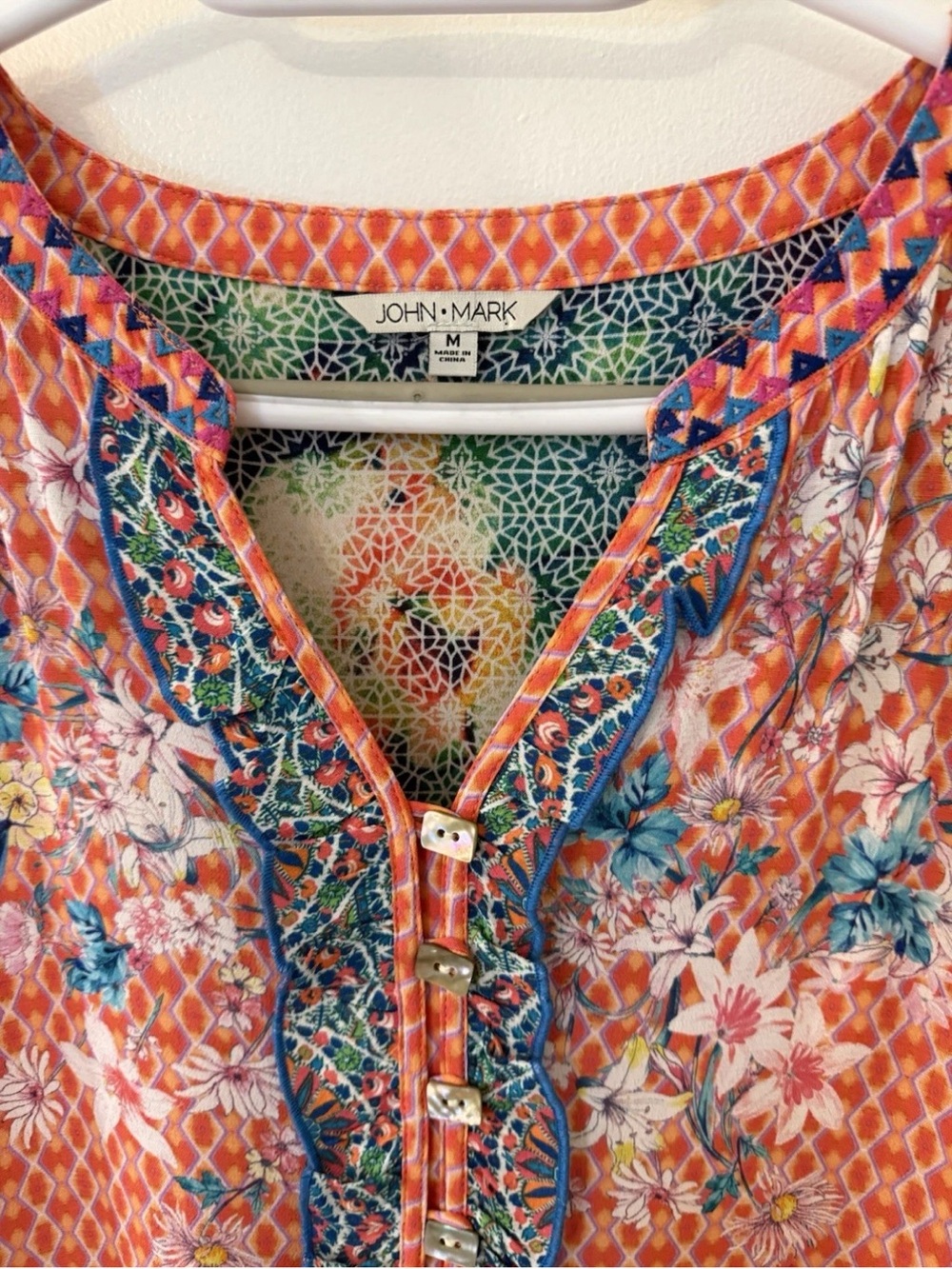 John Mark Orange Floral Midi Dress with Blue Trim